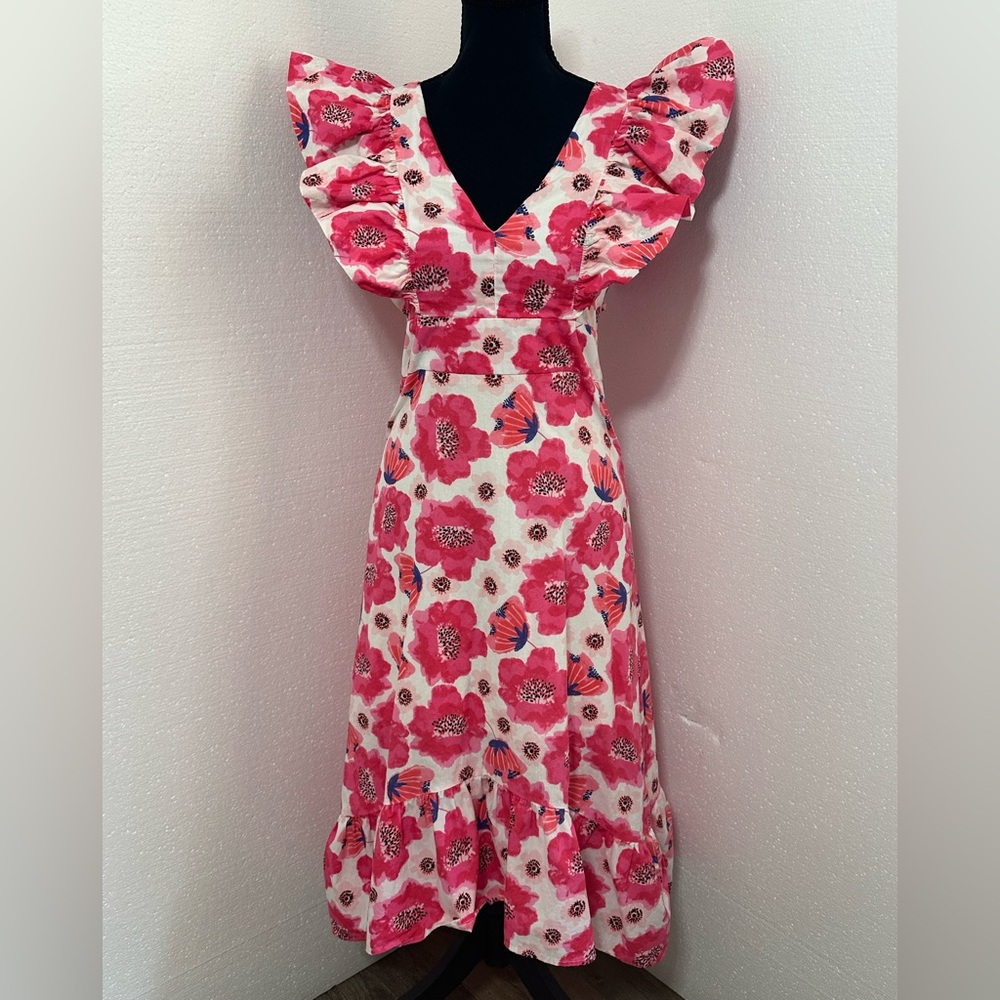 TCEC (M) Floral Pink V-Neck Ruffle Sleeve Midi Dress
